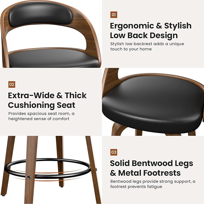 Swivel Bar Stools Set of 8, 26" Counter Height Bentwood Barstool, Mid-Century Modern PU Leather Upholstered Bar Chair with Back and Footrest, for Kitchen Island, Bar, Cafe, Dining Room, Black