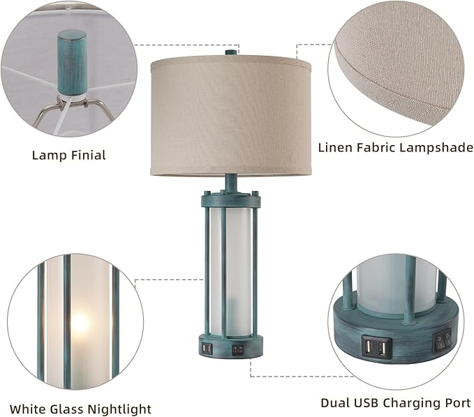 RORIA Set of 2 Rustic Table Lamps for Living Room with 2 USB Ports, Farmhouse Vintage Nightstand Lamp with White Glass Nightlight, Retro Desk Lamps for Bedroom End Table, Bulbs Included(Retro Green)