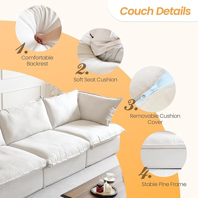 JACH V-Shaped Cloud Sectional Couch, Deep Seats Convertible Sofas, Minimalist Cloud Modular Sofa, Down Fill Soft Sofas for Living Room, Office, Apartment (5 Seats, White)