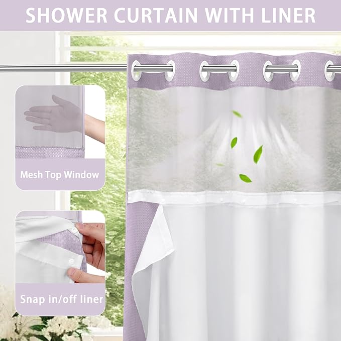 YellyHommy No Hook Shower Curtain with Snap in Liner Set Less Time Waffle Shower Curtain for Bathroom (Lavender, 87" L x 72" W)