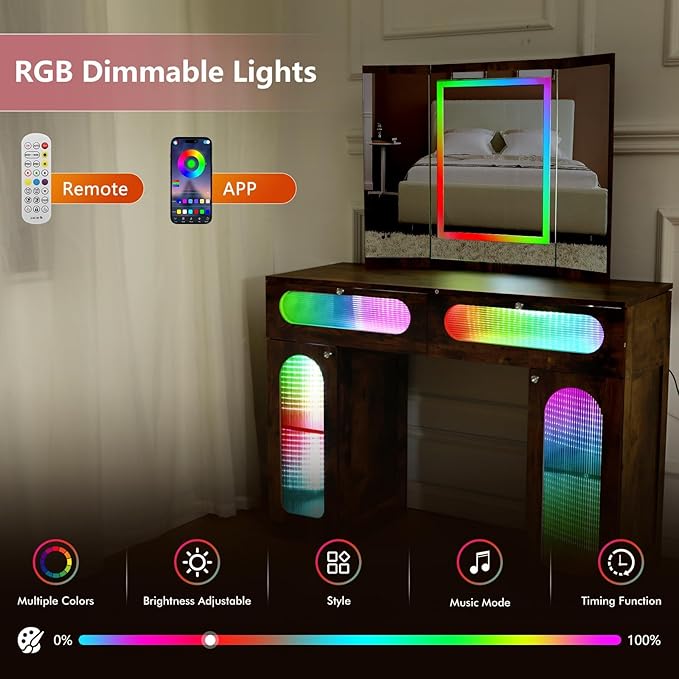 Vanity Desk with Tri-Fold Mirror and Lights, LED Makeup Vanity with 2 Drawers, 2 Doors Storage, Gifts for Girls/Women (Rustic)