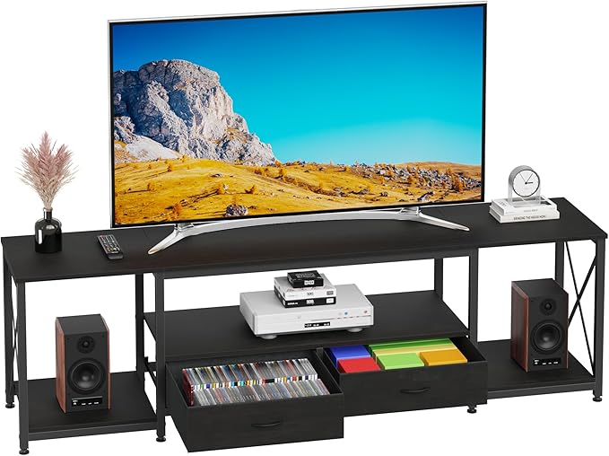 TV Stand with Fabric Drawers for 75 80 Inches TV - Entertainment Center and Industrial TV Console Table with Open Storage Shelves for Living Room, Bedroom- 71.5" Black