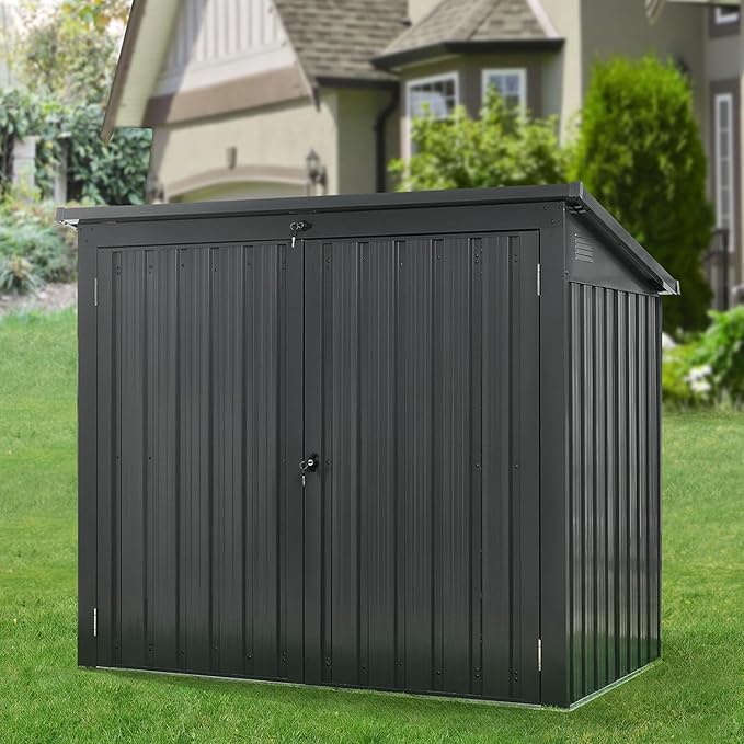 Hanover Outdoor Storage Shed for Trash and Recyclables, Pent Roof, Galvanized Steel, 2-Point Locking System, Stores 2 Trash Cans, 3.3-Ft. x 5.2-Ft. x 4.4-Ft., Dark Gray Trash Can Storage