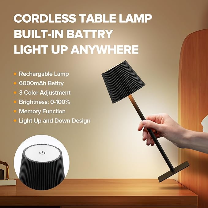 LUTEC 2 Pack Cordless Table Lamp,6000mAh Rechargeable Battery Operated Desk Lamp,Two Adjustable Heights,Waterproof, Touch Control & 3 Color Stepless Dimming for Restaurant/Bedroom/Bars/Outdoor (Black)