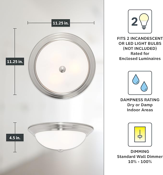 DESIGNERS FOUNTAIN Reedley 2-Lights Flush Mount Ceiling Light, 11 Inch Lighting Fixture for Kitchen, Bedroom, Bathroom, and Hallway, Satin Platinum with Etched Glass, 1257S-SP-W