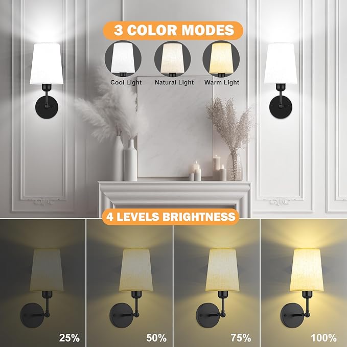 Battery Operated Wall Sconce Set of 2,Black Rechargeable Wall Lights with 5200mAh Dimmable RGB Bulbs and Remote Control,270°Rotation Wireless Wall Lamps for Indoor Bedroom Living Room Hallway