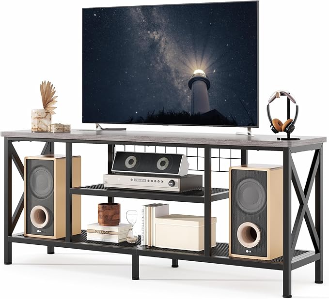 Gizoon TV Stand for 55-65 Inch TVs, 3-Tier Industrial Media Entertainment Center with Open Shelves, Metal Frame, 59.8'' Solid Wood Table top for Living Room, Bedroom, Office, Grey