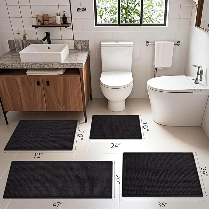 Bathroom Rugs Non Slip Washable, Super Absorbent Thin Bath Mat for Small Quick Dry Low Pile Bathroom Rug, (Black, 32″x20″)