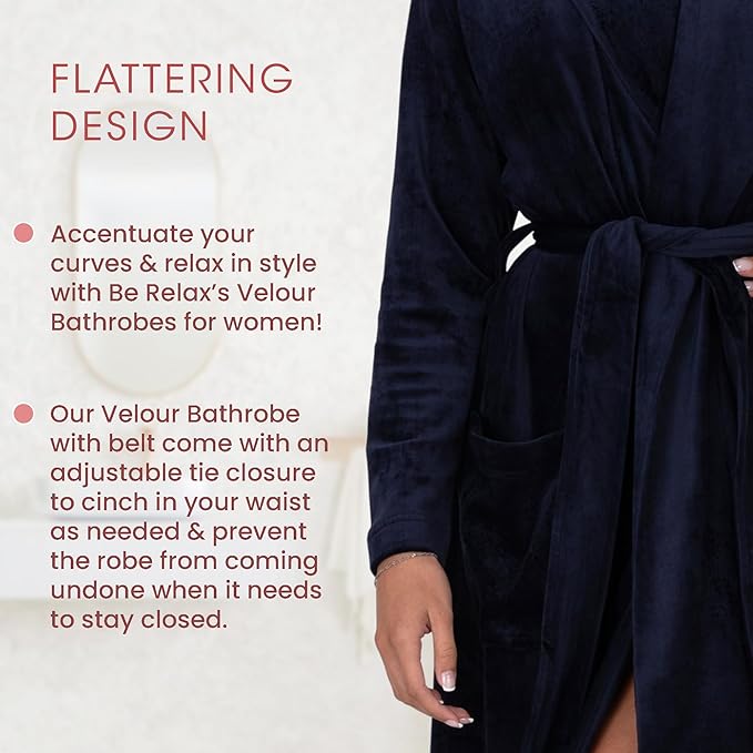 Be Relax Terry Velour Robe - Made of Polyester, Shawl Collar Robe with Belt & Side Pockets, Soft & Warm Bathrobe for Women