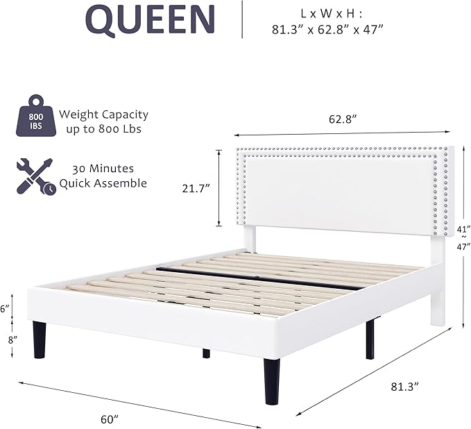 VECELO Queen Size Bed Frame with Adjustable Upholstered Headboard, Wooden Slats Platform, Noise-Free Design, Easy Assembly