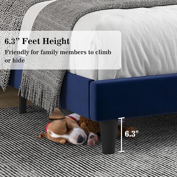 Allewie King Platform Bed Frame/Velvet Upholstered Bed Frame with Vertical Channel Tufted Headboard/Strong Wooden Slats/Mattress Foundation/Box Spring Optional/Easy Assembly/Navy Blue