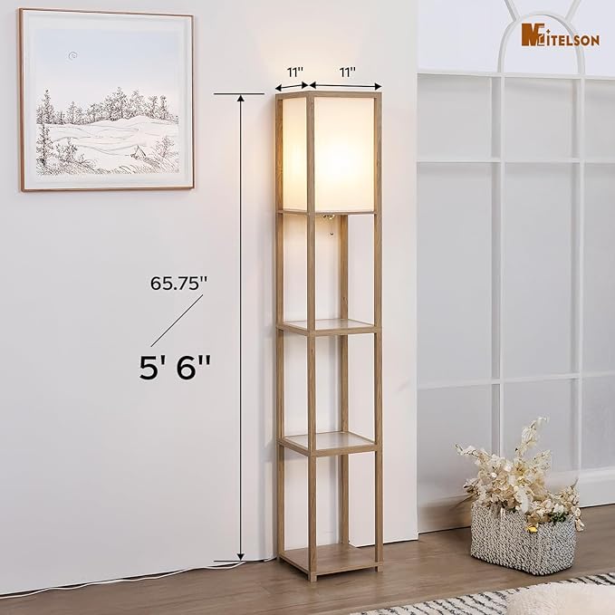 Floor Lamp with Shelves, Modern Shelf Lamps with LED Bulb, Corner Lamps with Glass Shelves, Display Shelf with Light, Standing Lamp for Living Room, Bedroom, Office-Rustic Wood