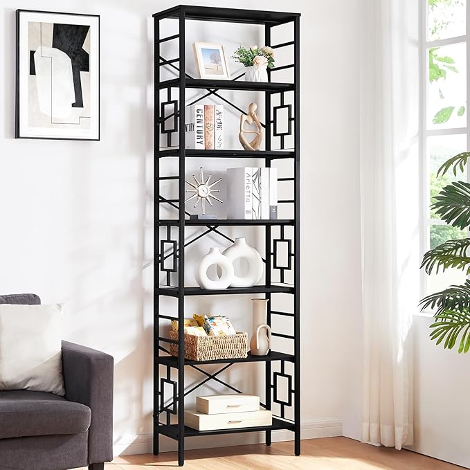 HOMISSUE Tall Bookshelf, 84 Inch Industrial Bookshelf with Metal Frame and Open Shelves, 7 Tier Metal Bookshelves and Bookcases, Rustic Tall Book Shelf for Office, Living Room and Bedroom, Black