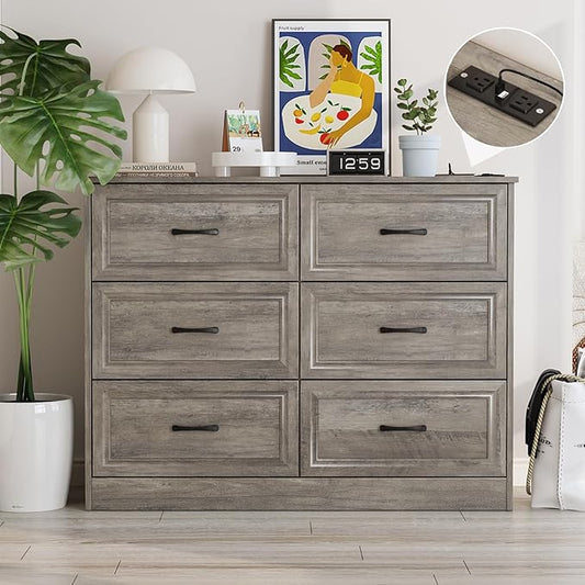 Fameill Dresser for Bedroom, 6 Drawer Wide Dresser Organizer with Charging Station, Tall Dresser for Hallway, Wood Dresser with Metal Handles, Ash Grey