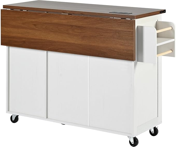 Merax 54.5" Wood Kitchen Cart Island on Wheels with Power Outlet,Drop Leaf and 3 Side Drawers,Farmhouse Style Storage Cabinet for Dining Room