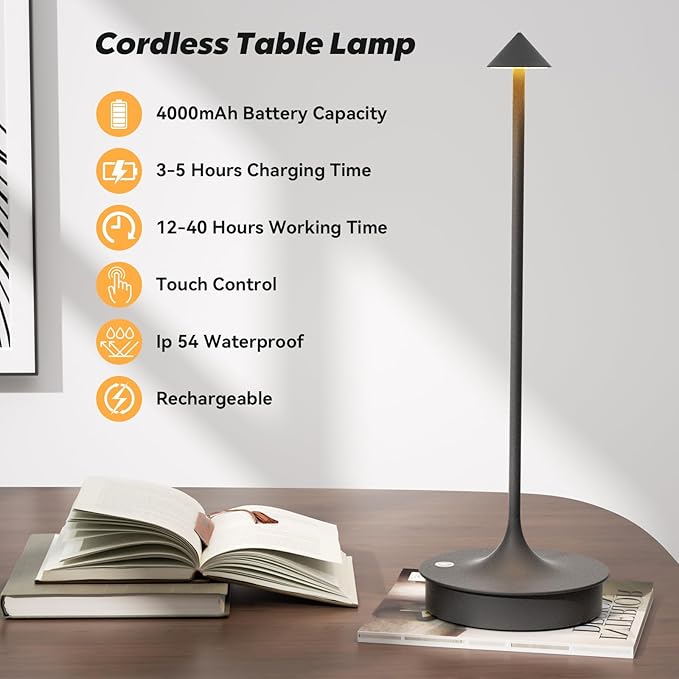 Set of 2 Small Cordless Table Lamp Rechargeable, Battery Operated Desk Lamp, 4000mAh LED Touch Lamp, Dimmable Portable Outdoor Waterproof Wireless Table Light for Restaurants/Bars/Outdoor(Gray)
