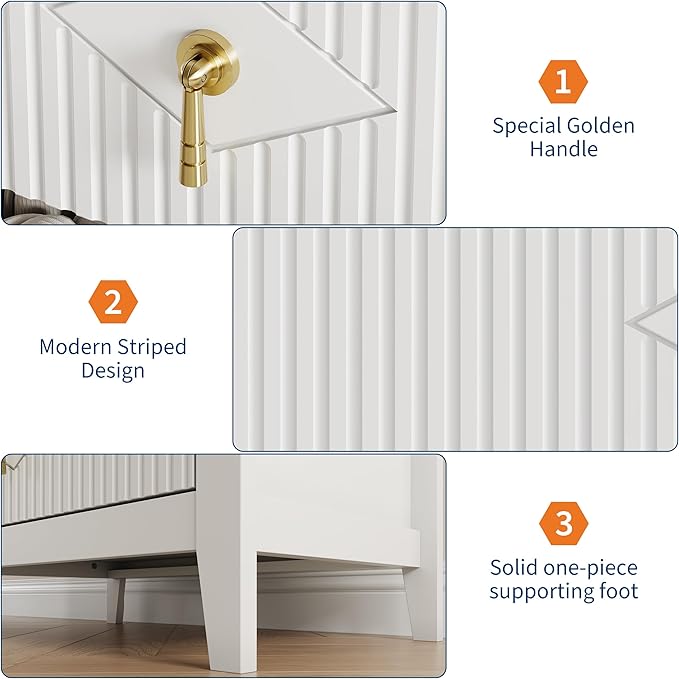 GarveeHome Wood Nightstand Fluted Dresser for Bedroom, 27.5" Wide 3-Drawer Bedside Tables, Modern Chest of Drawers, Storage End Table Living Room, Hallway, Entryway, White