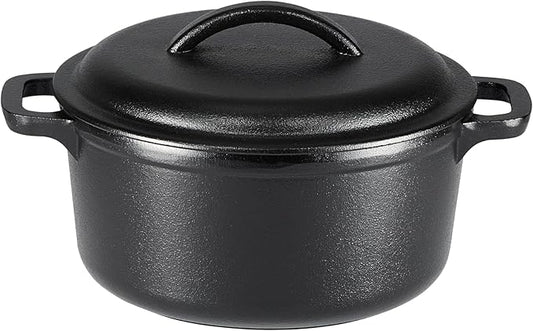 Amazon Basics Round Pre-Seasoned Cast Iron Mini Dutch Oven Pot with Lid and Dual Handles, 2-Quart, Black