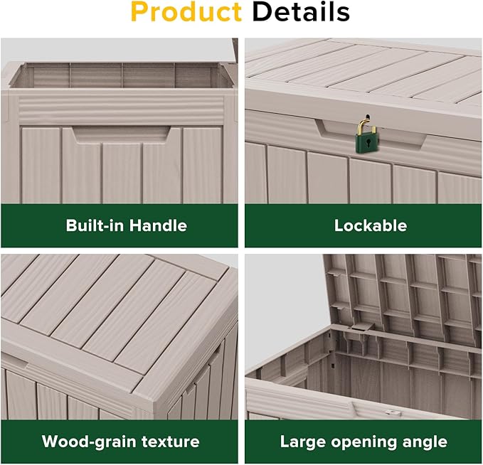 Vixzen 46 Gallon Resin Deck Box, Lockable Outdoor Storage Box for Patio Cushions Storage Furniture,Garden Tools, Pool Supplies, Weatherproof and UV Resistant,Grey