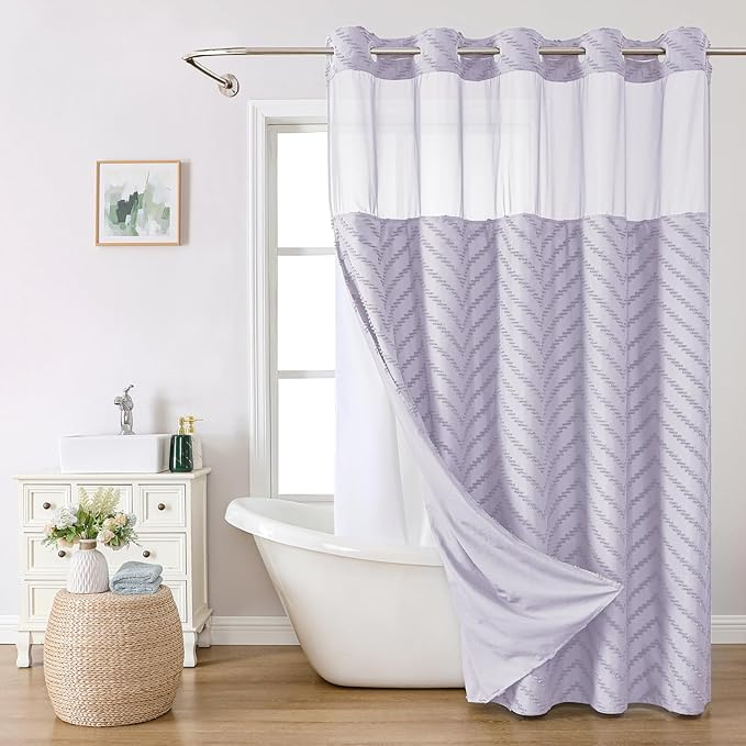 Extra Long No Hook Boho Farmhouse Shower Curtain with Snap-in Fabric Liner set-71Wx86H(84H),Tufted Chevron Striped Hotel Grade Cloth Shower Curtains for Bathroom,Water Repellent,Lavender