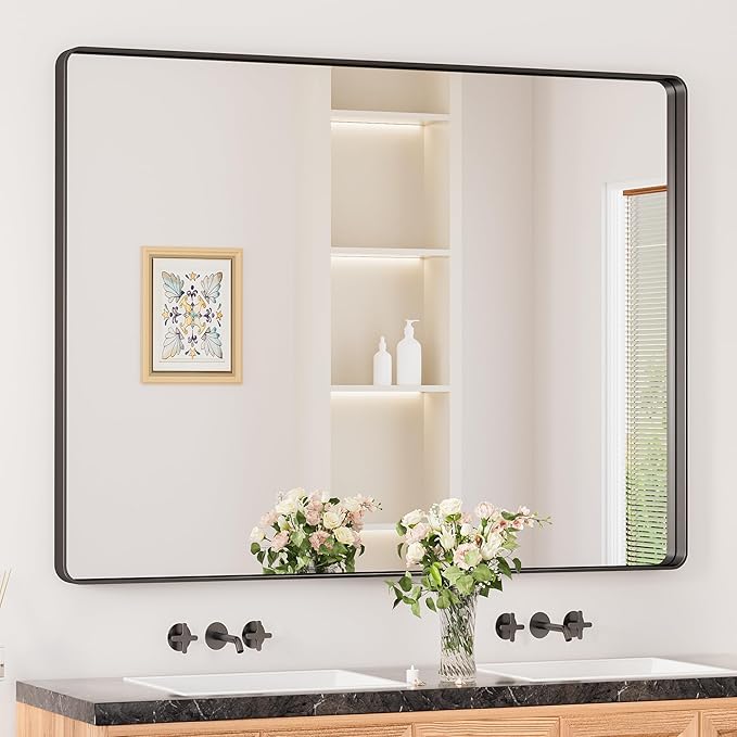 Keonjinn Black Framed Mirrors for Bathroom 48” x 40” Large Rounded Rectangle Wall Mirror, Matte Black Farmhouse Bathroom Vanity Mirror with Seamless Metal Frame, HD Tempered Glass(Horizontal/Vertical)