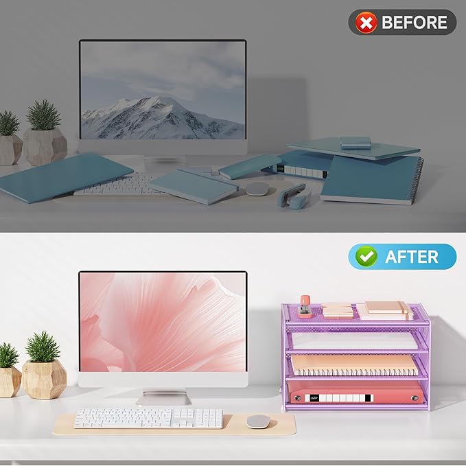 Lavatino 3-Tier Letter Tray Desk Organizer, Mesh Paper File Tray Organizer for Desk, Office Supplies & Home Organization, Fits A4 Paper, Mail, Magazines & Office Accessories (Purple with Handle)