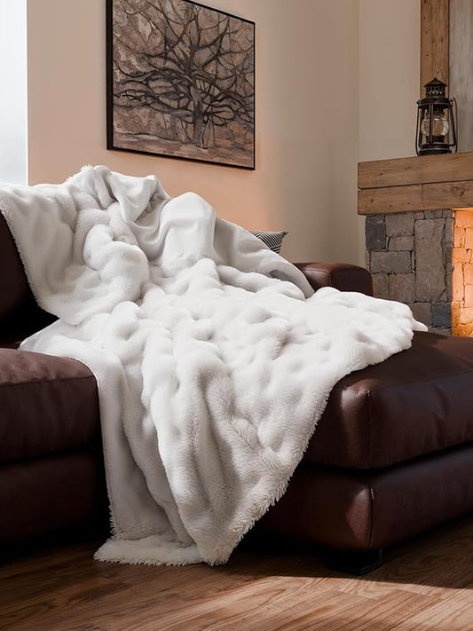 Fluffy Throw Blanket Queen Size - Faux Fur Throw for Couch or Bed - Ultra Plush Soft Extra Thick Faux Fur Rabbit Blanket - Comfy, Warm & Breathable - Luxury Minky Tie Dye Bedding - 90" x 90", White