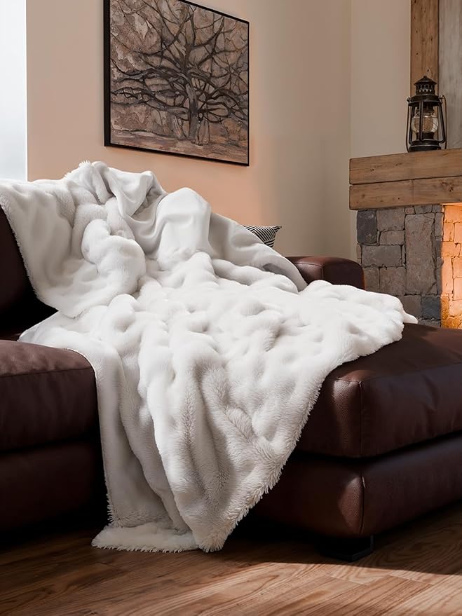 Fluffy Throw Blanket King Size - Faux Fur Throw for Couch or Bed - Ultra Plush Soft Extra Thick Faux Fur Rabbit Blanket - Comfy, Warm & Breathable - Luxury Minky Tie Dye Bedding - 90" x 108", White