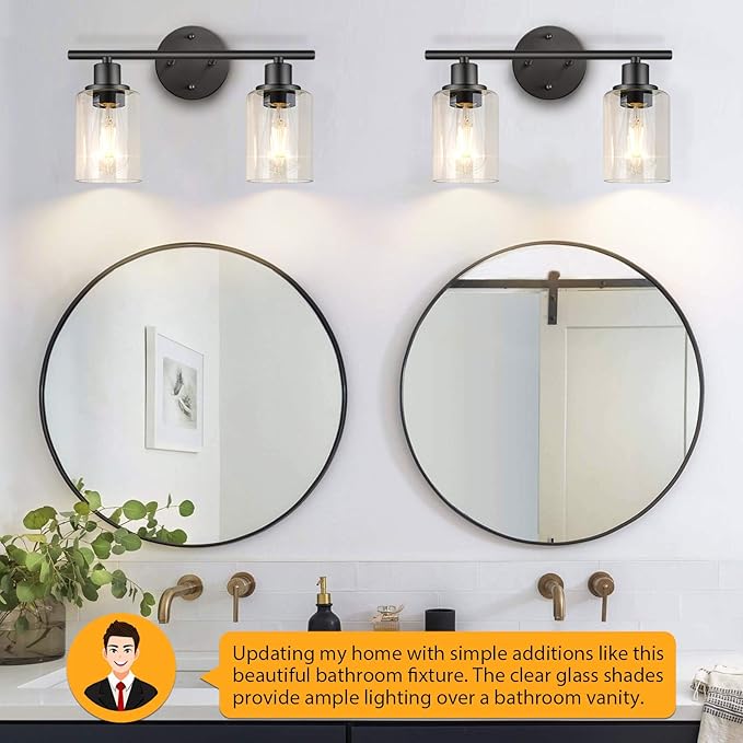 FOLKSMATE Bathroom Light Fixtures, 2 Light Matte Black Vanity Light, Vintage Wall Sconces Lighting, Modern Bath Wall Mounted Lights with Glass Shade