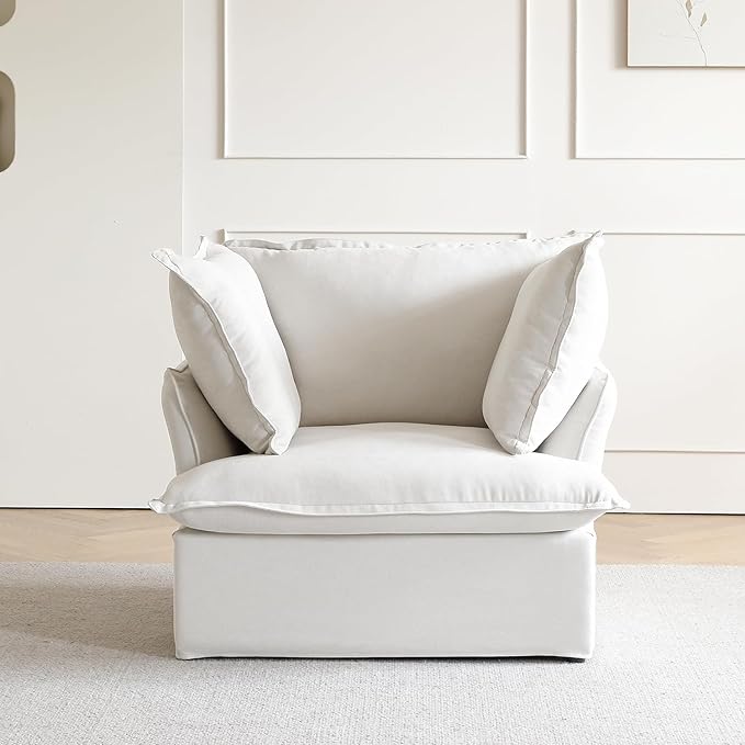 JACH 43" Modern Comfy Couch Chair with Thick Cushion, Couch Single Accent Chair Deep Seat Sofa Couches, Hemp Velvet Sofas Furniture for Small Spaces Living Room Bedroom Office Apartment (White)