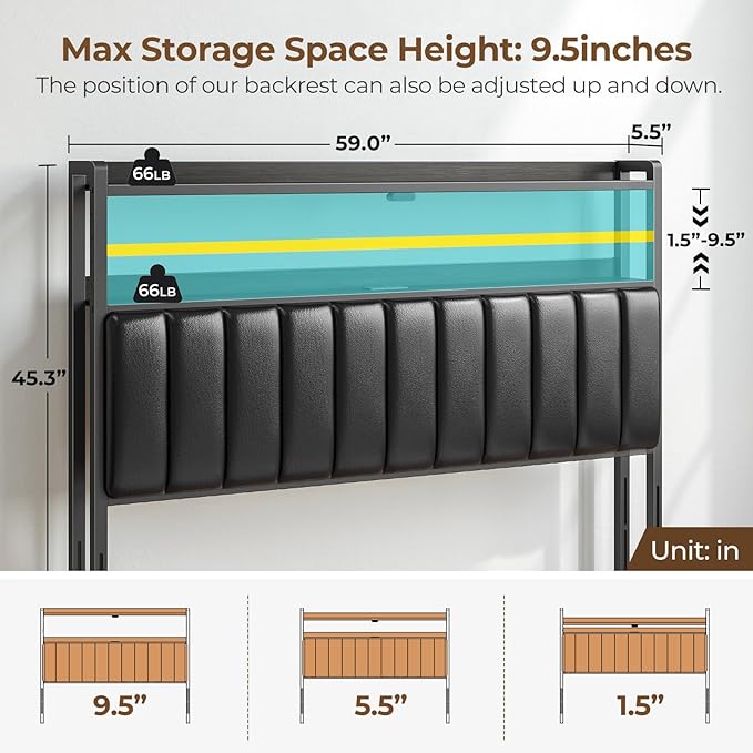 Rolanstar Headboard for Queen Size Bed with Storage, 60,000 DIY Color of LED Light, Head Board with USB, Type C Port, Height Adjustable, Black Upholstered Cabeceras de Cama Comfortable Modern, Leather