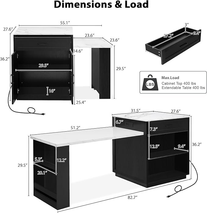RUNNA Kitchen Island with Extendable Dining Table for 4-6 Person,Two-Tone Kitchen Table,Power Outlet Storage 2 Drawers 2 Side Open Shelves(Black~010)