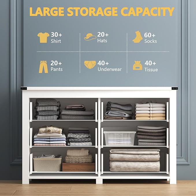 White Dresser for Bedroom, 47.3" Modern Dresser for Closet TV Stand, 6 Drawer Wood Dressers & Chest of Drawers with Black Knobs, Wide Closet Storage Organizer for Living Room, Hallway