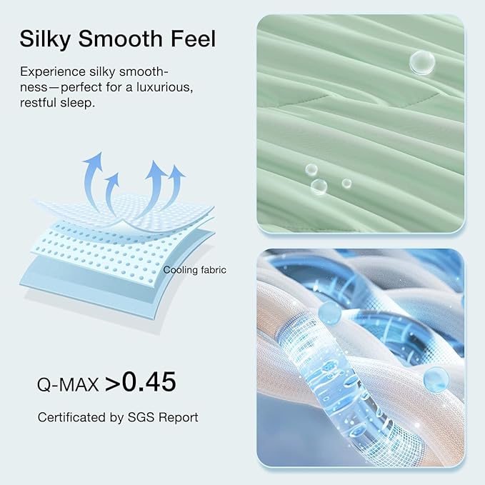 Monbix ChillChilla Cooling Comforter Queen Size-3 Pieces Cooling Blankets for Hot Sleepers and Night Sweats, Double-Sided Summer Queen Comforter Set, Breathable Lightweight Blanket Grey Green