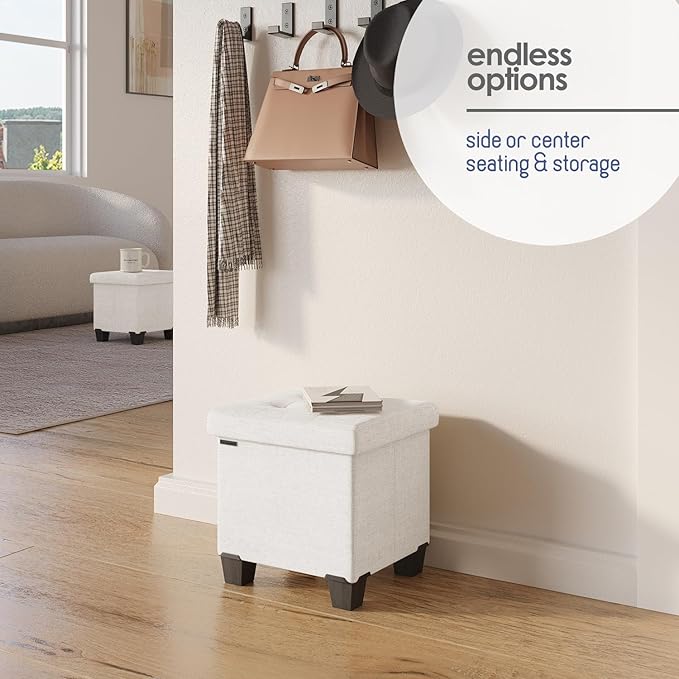 STORAGEBUD Storage Ottoman Cube with Small Bin, 16-in Square Ottoman with Storage for Living Room and Bedroom, Small Ottomans Foot Rest, Fabric Foot Stools Ottomans Max 330lbs, Cream