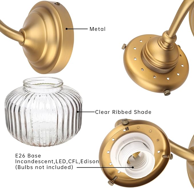 Vintage Gooseneck Wall Sconce 1-Light with Clear Striped Glass Globe Shade Indoor Hardwired Wall Mounted Lamp Fixture