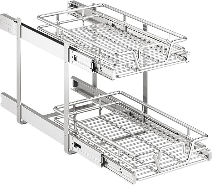 2-Tier Kitchen Cabinet Pull Out Shelf and Drawer Organizer Slide Out Pantry Storaqe Basket in Multiple Sizes (14" W x 21" D)