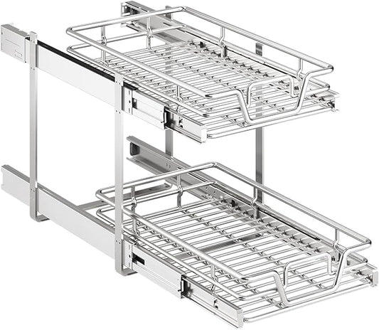 2-Tier Kitchen Cabinet Pull Out Shelf and Drawer Organizer Slide Out Pantry Storaqe Basket in Multiple Sizes (14" W x 21" D)
