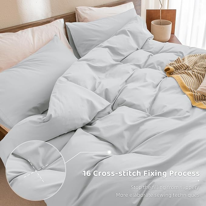 Sanracie Cotton Comforter Set Queen,Linen Like Textured Bedding Comforter for Queen Size Bed 3pcs(1 Solid Comforter Cornflower Blue and 2 Pillowcases) Soft Lightweight Bedding Set