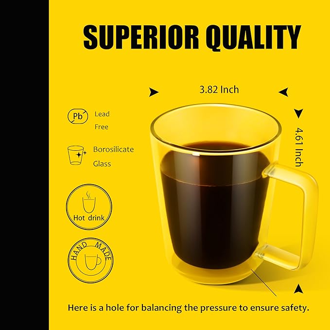 PunPun 16oz.480ml Clear Glass Mugs Large Coffee Mugs, Jumbo Insulated Double Wall Glasses, Premium Glasses Set with Big Handle, Iced Coffee Cup Set of 2