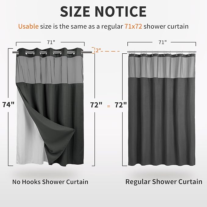 River Dream Heavyweight No Hooks Required Dotted Waffle Weave Shower Curtain with Snap in Liner - 71W x 74H,Hotel Grade,Spa Like Bath Curtain,Graphite Grey