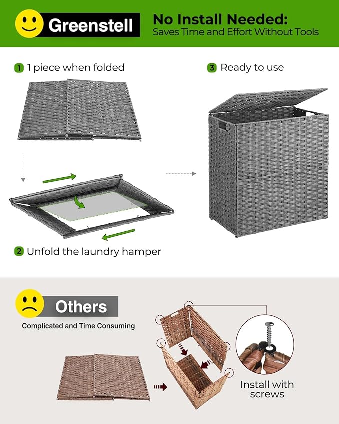 Greenstell Laundry Hamper with lid, No Install Needed, 130L Wicker Laundry Baskets Foldable 2 Removable Liner Bags, 2 Section Clothes Hamper Handwoven Rattan Laundry Basket with Handles, Gray