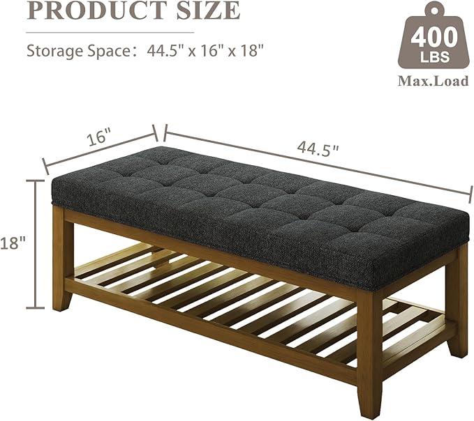 Large Rectangular Upholstered Ottoman Bench, Linen Tufted Footrest Ottoman with Solid Wood Shelf Storage Coffee Table for Bedroom Living Room, Dark Gary