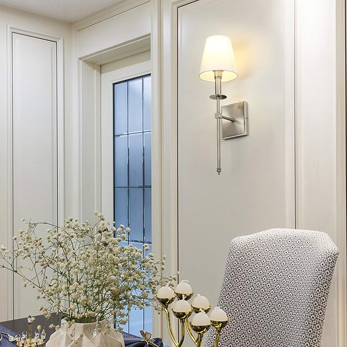 PERMO Set of 2 Classic Rustic Industrial Wall Sconce Lighting Fixture with Flared White Textile Lamp Shade and Brushed Tapered Column Stand