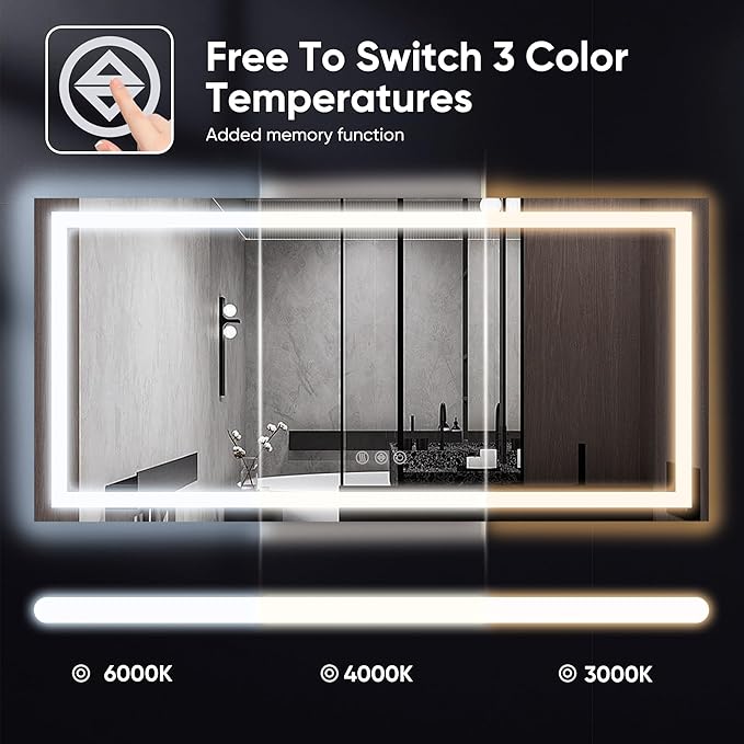 Antok 72"x 36" LED Bathroom Mirror with Lights, Anti-Fog, Dimmable, Lighted Vanity Mirror with Tempered Glass, Memory Function, 3 Light Modes, Safe Use, Horizontal, Vertical