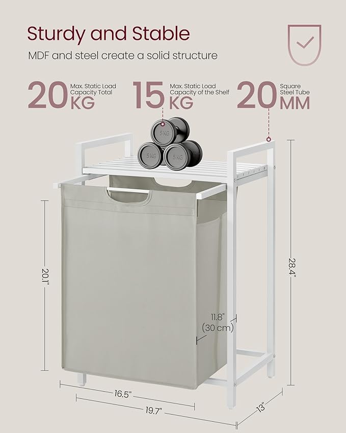 VASAGLE Laundry Hamper, Laundry Basket, Laundry Sorter with A Pull-Out and Removable Bag, Shelf, Metal Frame, 17.2 Gallons (65 L), 19.7 x 13 x 28.4 Inches, White UBLH101W01