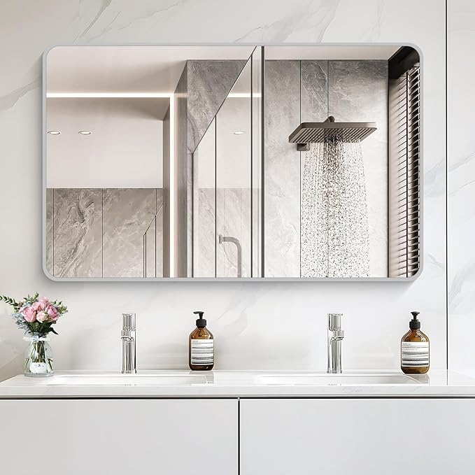 48x30 Inch Silver Bathroom Mirror, Metal Framed Silver Rectangle Mirrors, Rounded Rectangular Vanity Mirror, Wall Mounted Mirrors for Living Room Bedroom Entryway Hangs Horizontal or Vertical