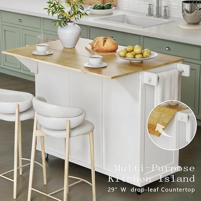 Rolling Kitchen Island Cart with Drop Leaf, Large Kitchen Island on Wheels with Storage and 3 Drawers, Mobile Island for Kitchen with Rubber Wood Countertop, Towel Rack (White, X-Large)