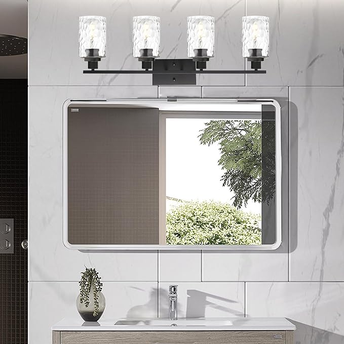 MELUCEE Wall Light Fixture, 4-Light Black Bathroom Vanity Light Over Mirror with Clear Hammered Glass, Modern Wall Sconces Lamp for Powder Room Bedroom Kitchen Porch (Patent No.: US D963914 S)