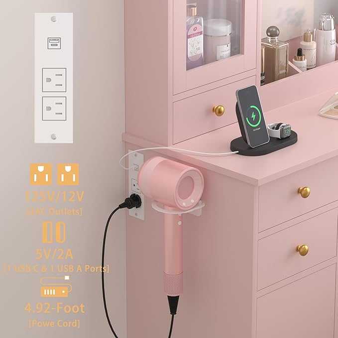 Vanity Desk with Mirror and Lights, 43" Pink Makeup Vanity Set with 5 Drawers & Glass Cabinets, Storage Stool, Power Outlet & Adjustable LED Lights, Dressing Table for Women & Girls Bedroom